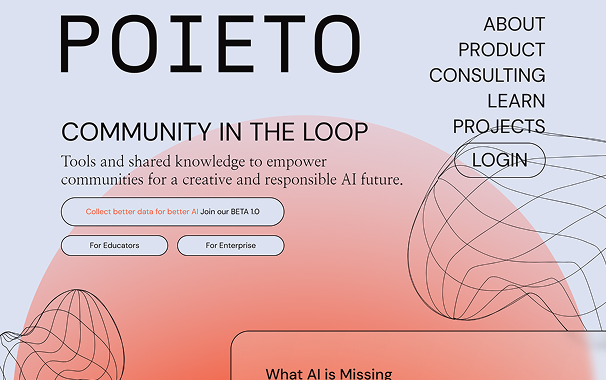 Screenshot of POIETO’s Webflow site homepage with abstract visuals and the text 'Community in the Loop' highlighting AI-powered community experiences.