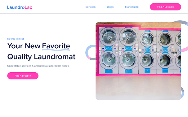 Homepage of Laundrolab’s Webflow site showing clean UI with washing machines and the tagline 'Your New Favorite Quality Laundromat'.