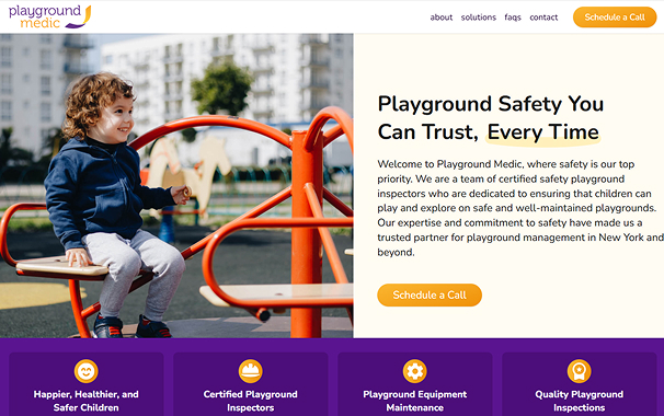 Homepage of Playground Medic’s Webflow site showing children on playground equipment and bold messaging around safety and trust.