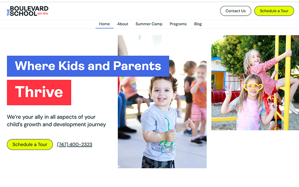 Colorful and family-friendly Webflow homepage for Boulevard School featuring children playing and the phrase 'Where Kids and Parents Thrive'.