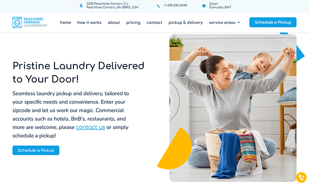 Clean and functional Webflow homepage for PTC Laundromat with a delivery van and customer using laundry services.