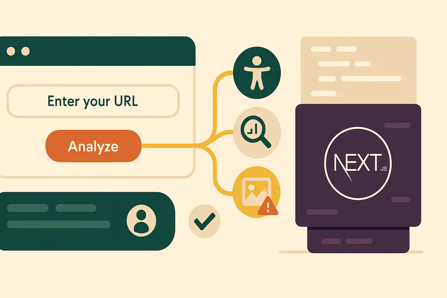 Illustration of a user interface where URLs can be entered and analyzed, with Webflow and Next.js elements connected visually.