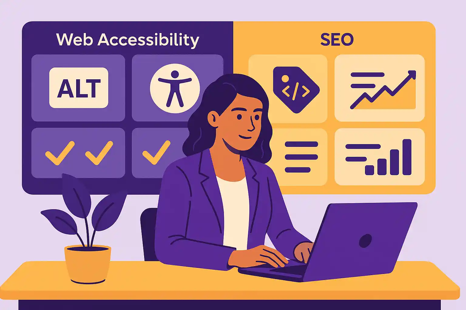Illustration of a woman at a desk reviewing a Web Accessibility and SEO dashboard, showing ALT tags, icons, graphs, and improvement checkmarks.