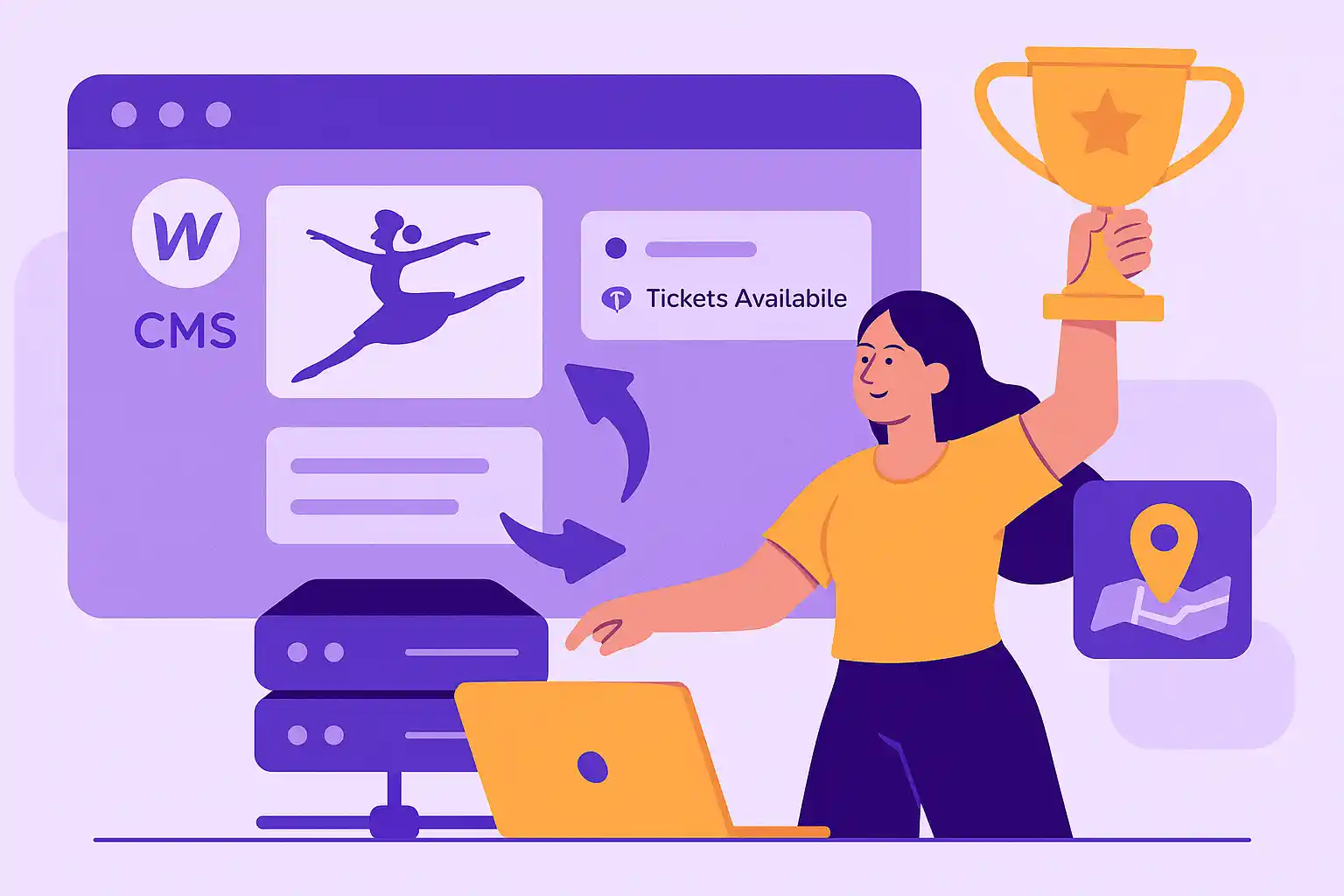 Illustration of a woman holding a trophy in front of a CMS dashboard with event details and a dancer icon, representing improved UX and success.