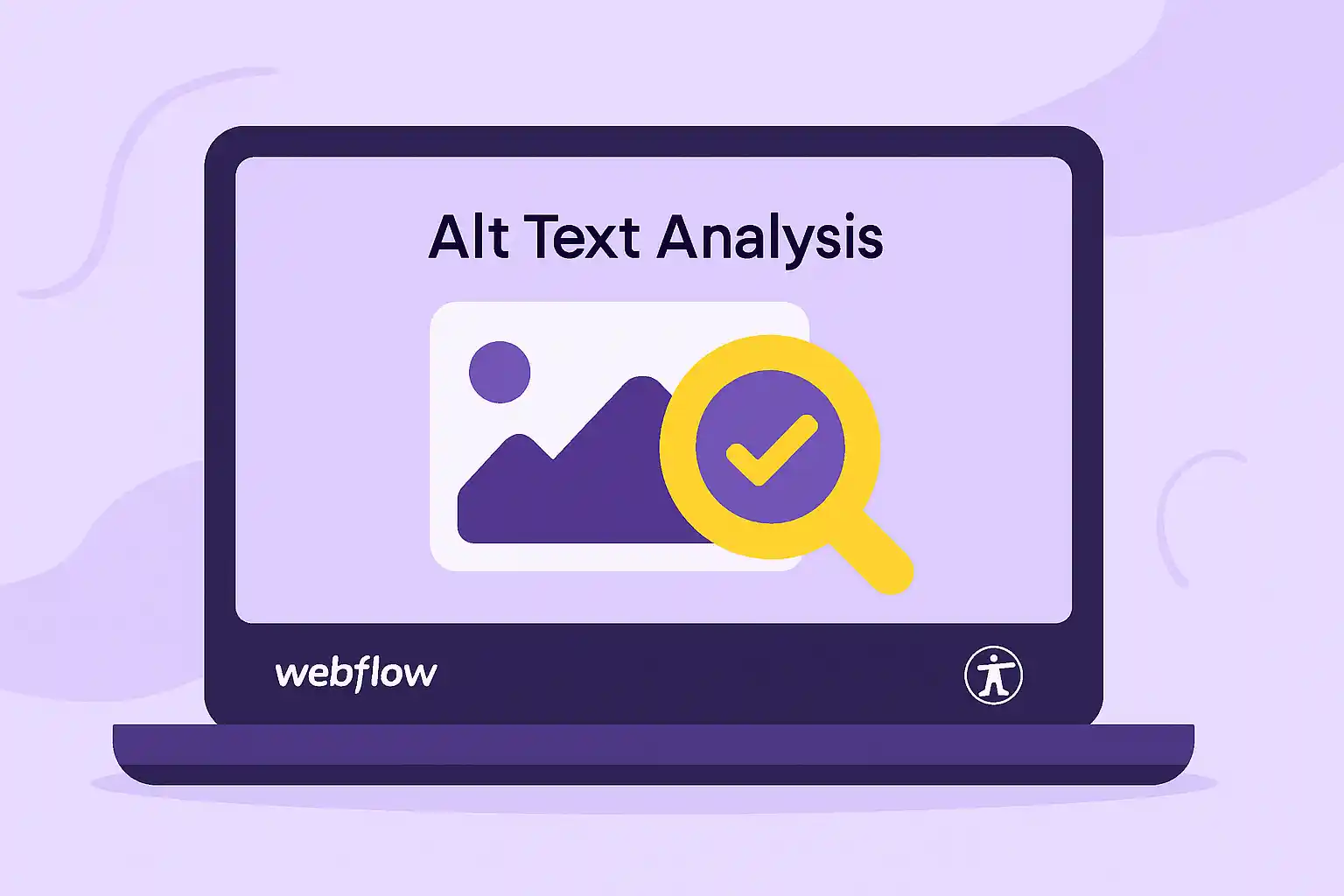 Laptop screen displaying a Webflow interface with 'Alt Text Analysis' and a magnifying glass over an image, symbolizing accessibility analysis.