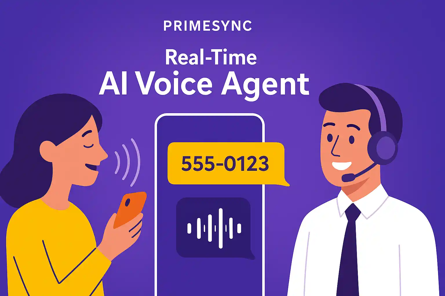 Woman holding a phone and speaking to a PrimeSync AI agent on a simulated call, showcasing real-time voice interaction with a large phone UI between them.