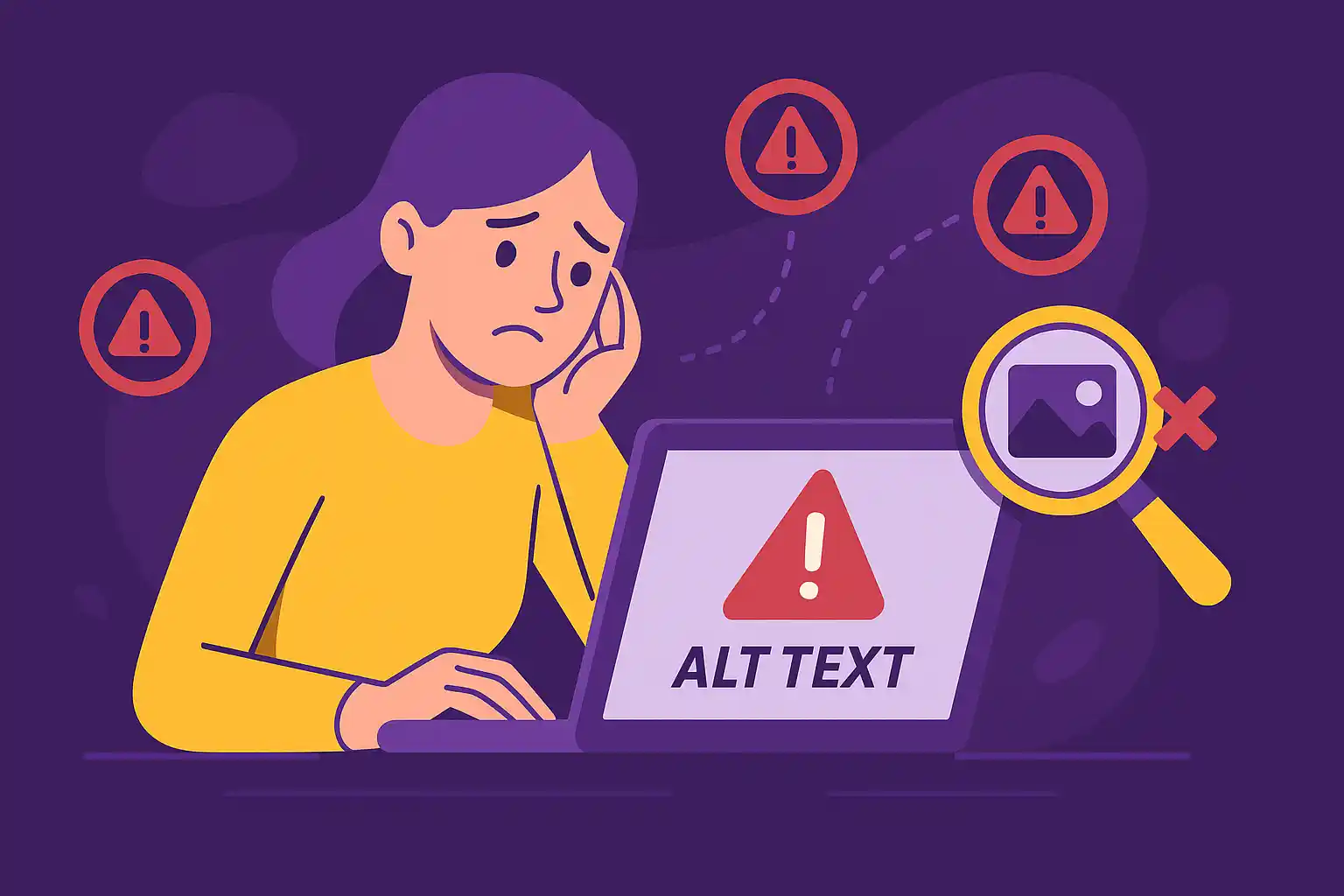 Frustrated person looking at a warning message on a laptop that says 'ALT TEXT', with alert icons and a crossed-out image magnified beside it.